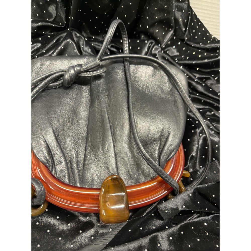 Vintage Ande' Leather Black Bakelite Snap Closure Purse Bag Silk Lining 1960s - Picture 13 of 16